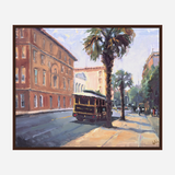 Painting of a vintage trolley on a sunlit street lined with palm trees and historic brick buildings under a partly cloudy sky.