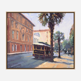 Impressionist street scene showing a maroon trolley passing large peach-colored buildings with palm trees casting shadows on the sidewalk under a bright sky.