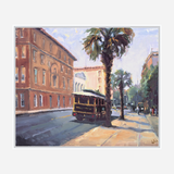 Impressionist painting of a dark trolley driving past palm trees on a sunlit street lined with red and cream buildings under a partly cloudy sky.