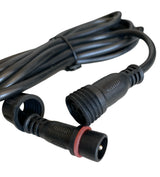 Black 10-foot extension cable with circular waterproof connectors, one featuring a red rubber sealing ring, coiled on a white background.