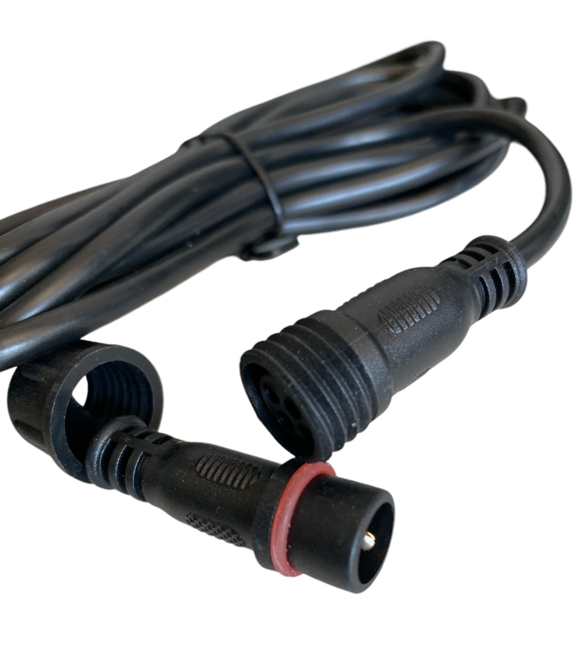 Black 10-foot extension cable with circular waterproof connectors, one featuring a red rubber sealing ring, coiled on a white background.