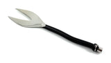 Stainless steel cheese fork with a curved black handle and three metal rings near the handle's end, displayed on a white background.
