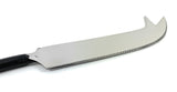 Stainless steel cheese knife with curved black handle and a blade featuring a unique notched hook tip and a serrated edge.