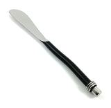 Cheese knife with a curved black handle and a shiny stainless steel blade, featuring metal rings at the handle's end for decorative detail.