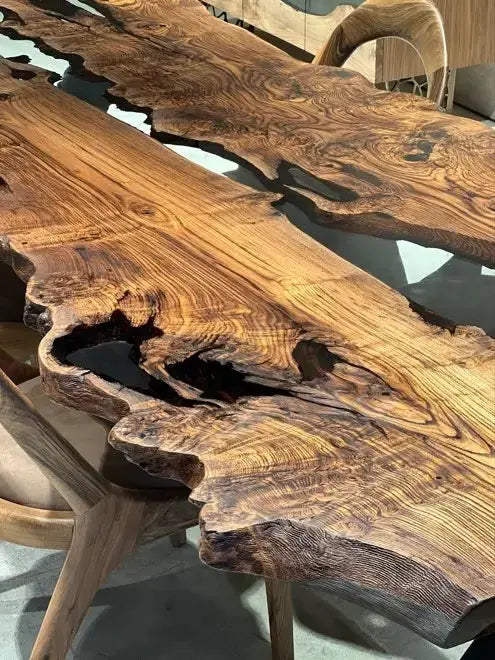 Live edge chestnut wood dining table with epoxy resin river and black legs