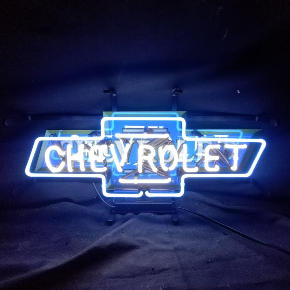 Chevrolet Font Classic Bowtie Logo Neon Sign featuring glowing neon on acrylic printed backing