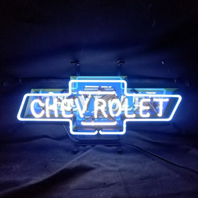 Chevrolet Font Classic Bowtie Logo Neon Sign featuring glowing neon on acrylic printed backing