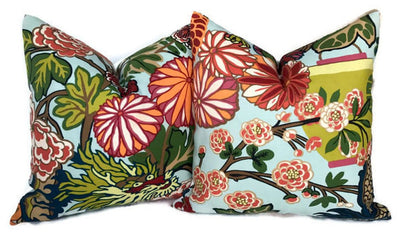 Chiang Mai Dragon Pillow Cover in Aquamarine, Indoor Outdoor Pillows, Schumacher Textiles