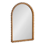 Arched wall mirror with a warm wooden frame featuring rounded bead accents along the outer edges, shown against a plain white background.