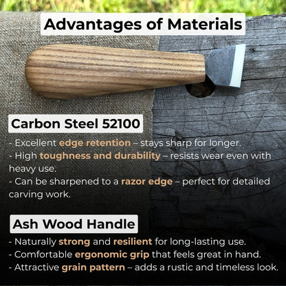 Chip Carving Knife with 3 cm blade and ash wood handle by Sharky Forged Steel Tools