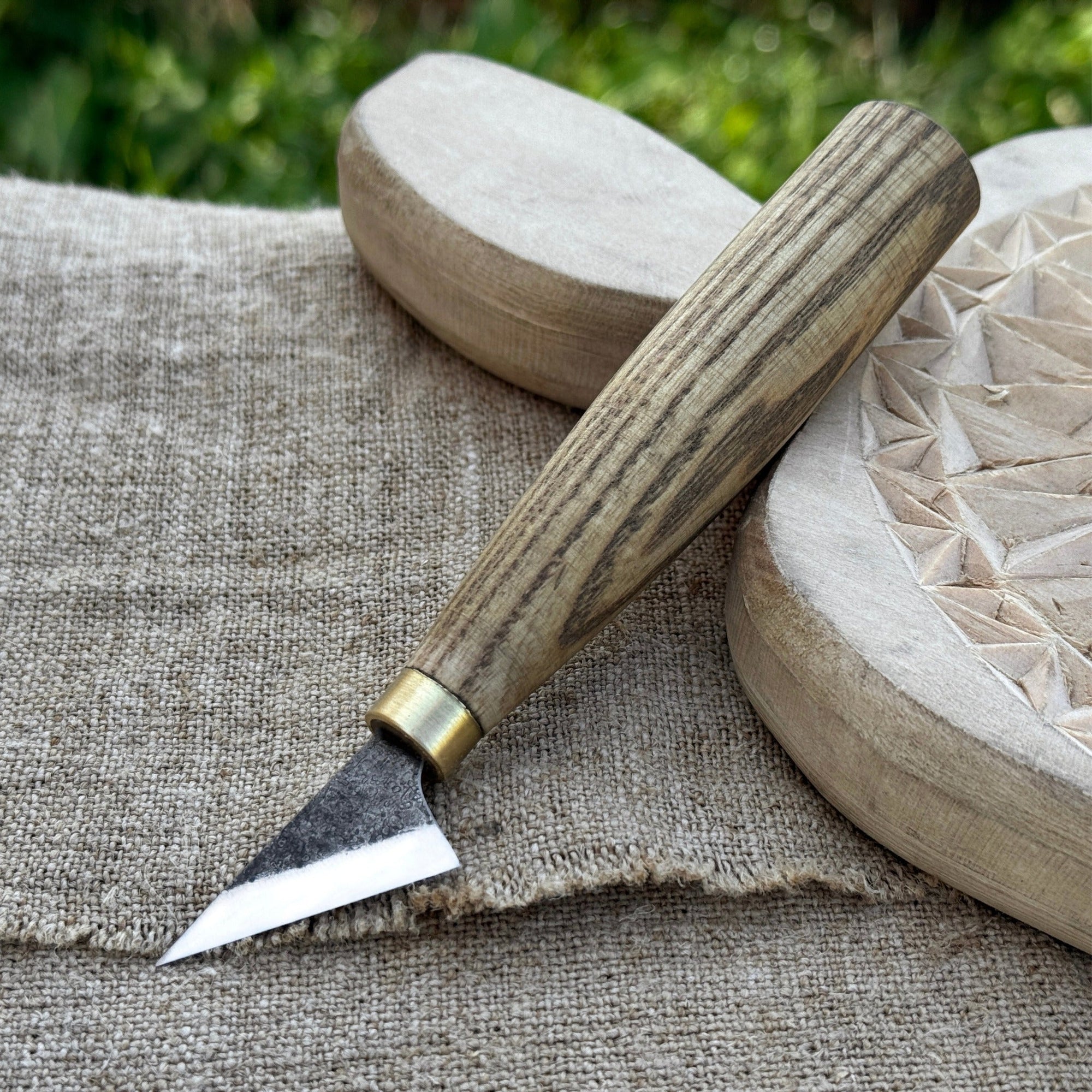 Sharky Forged Steel Tools hand-forged chip carving knife with ash wood handle