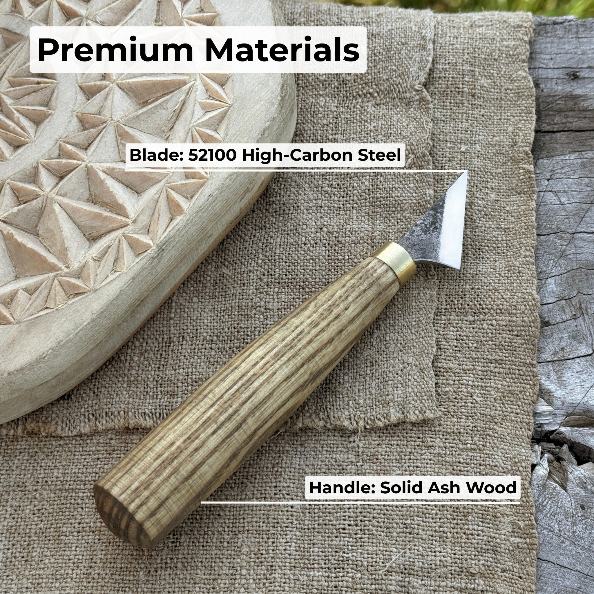 Sharky Forged Steel Tools hand-forged chip carving knife with ash wood handle