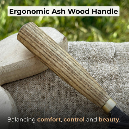 Sharky Forged Steel Tools hand-forged chip carving knife with ash wood handle