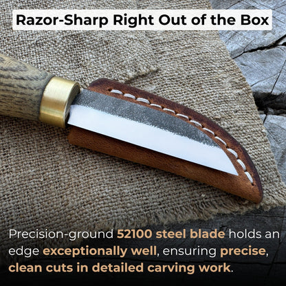 Hand-forged chip carving knife with ash wood handle and leather sheath