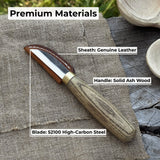 Hand-forged chip carving knife with ash wood handle and leather sheath