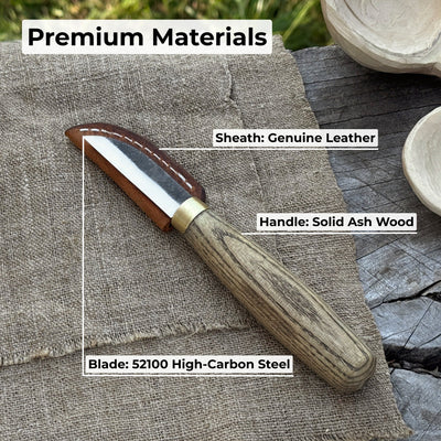 Hand-forged chip carving knife with ash wood handle and leather sheath