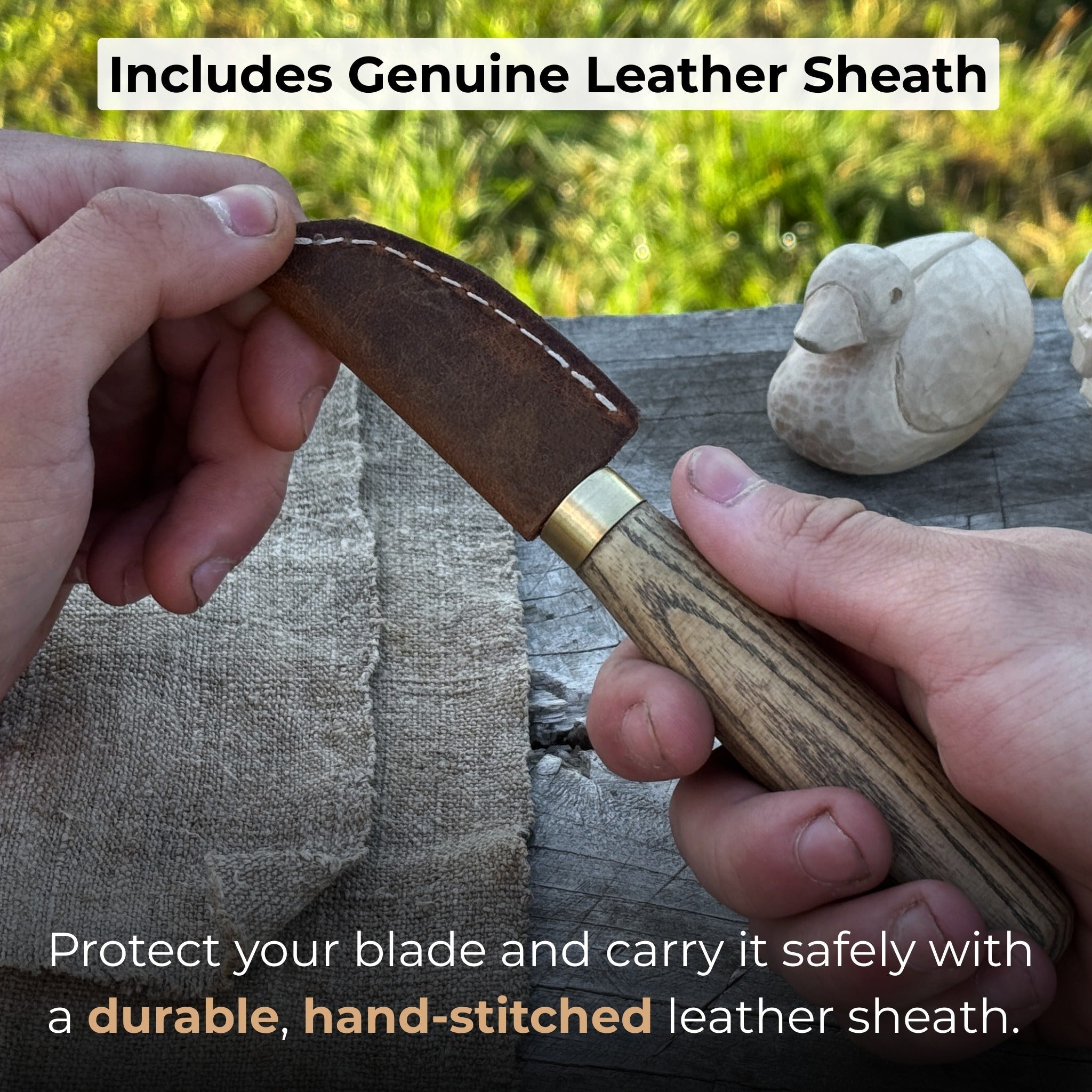 Hand-forged chip carving knife with ash wood handle and leather sheath