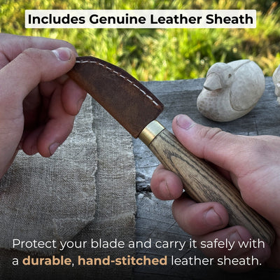 Hand-forged chip carving knife with ash wood handle and leather sheath