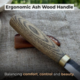 Hand-forged chip carving knife with ash wood handle and leather sheath