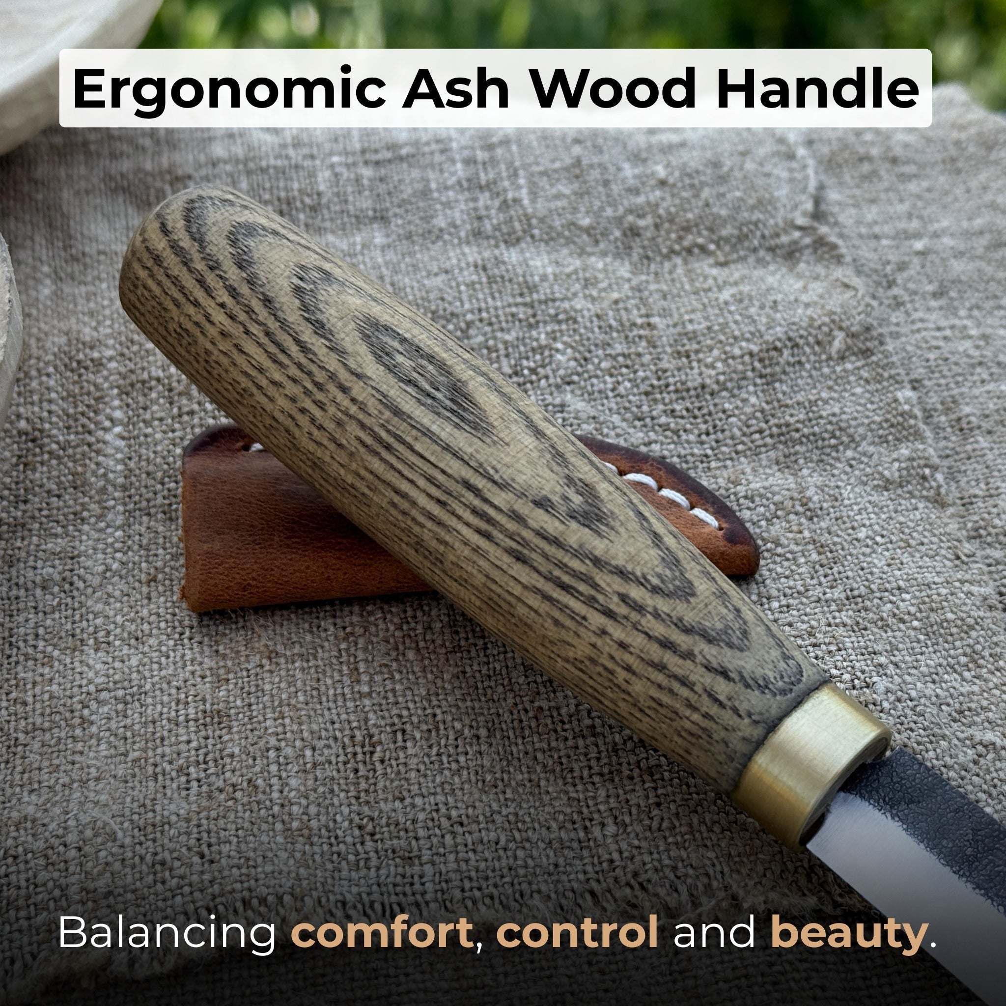 Hand-forged chip carving knife with ash wood handle and leather sheath