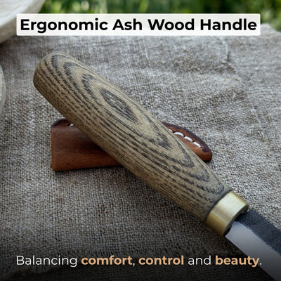 Hand-forged chip carving knife with ash wood handle and leather sheath