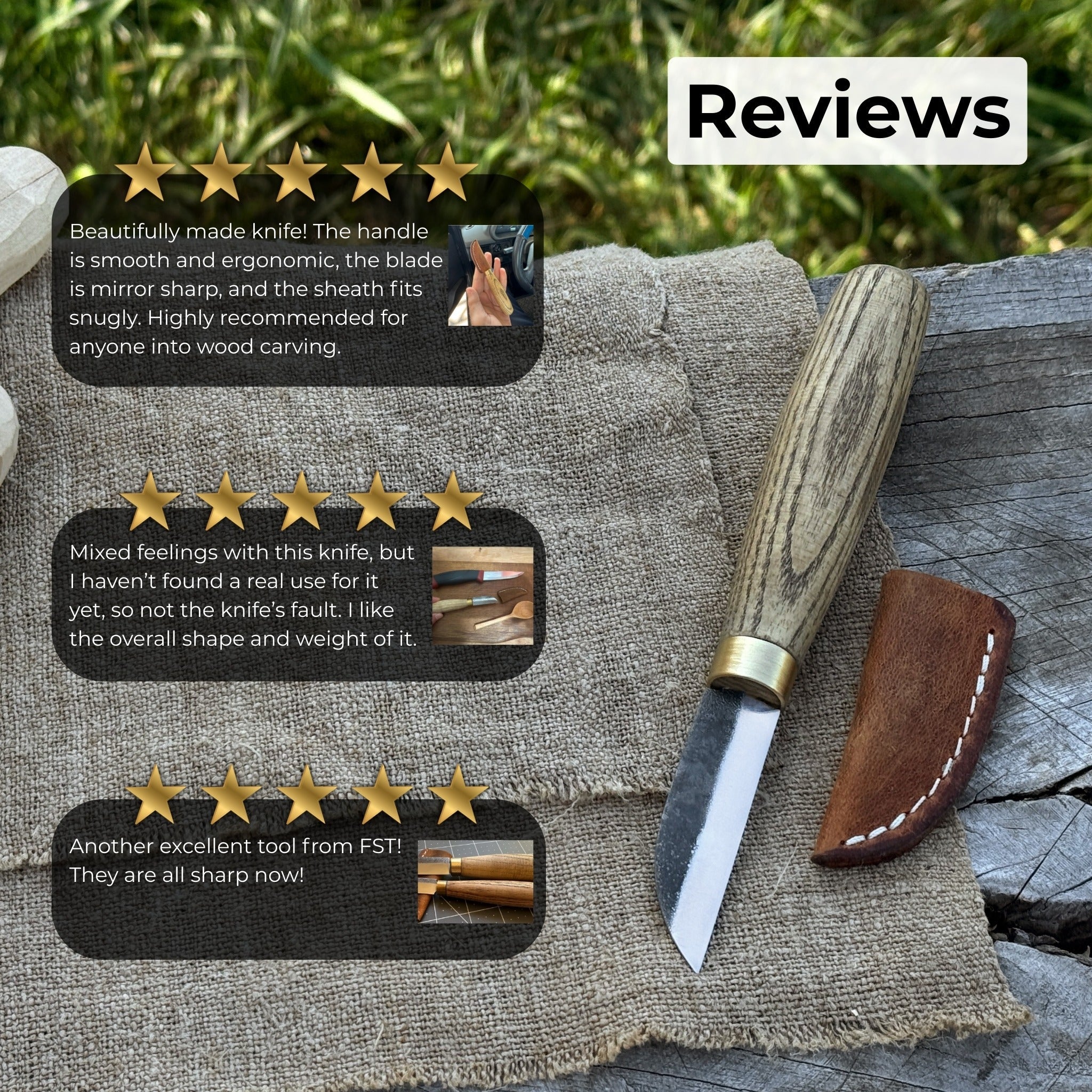 Hand-forged chip carving knife with ash wood handle and leather sheath
