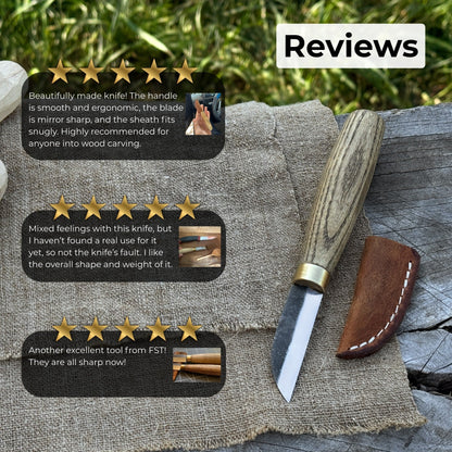Hand-forged chip carving knife with ash wood handle and leather sheath