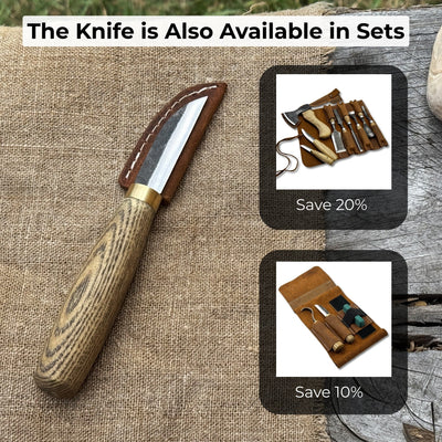 Hand-forged chip carving knife with ash wood handle and leather sheath