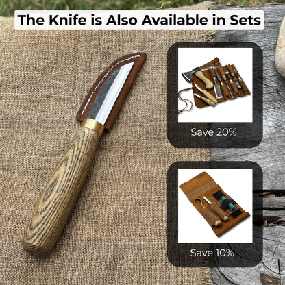Hand-forged chip carving knife with ash wood handle and leather sheath