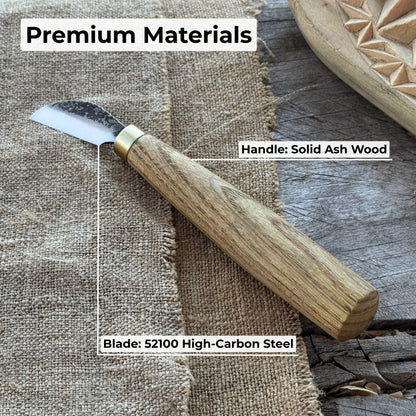 Hand-forged chip carving knife with 3 cm blade and ash wood handle