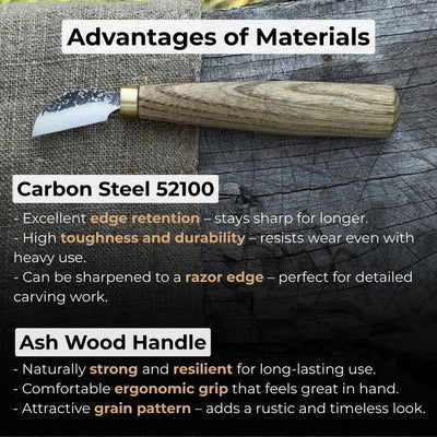 Hand-forged chip carving knife with 3 cm blade and ash wood handle