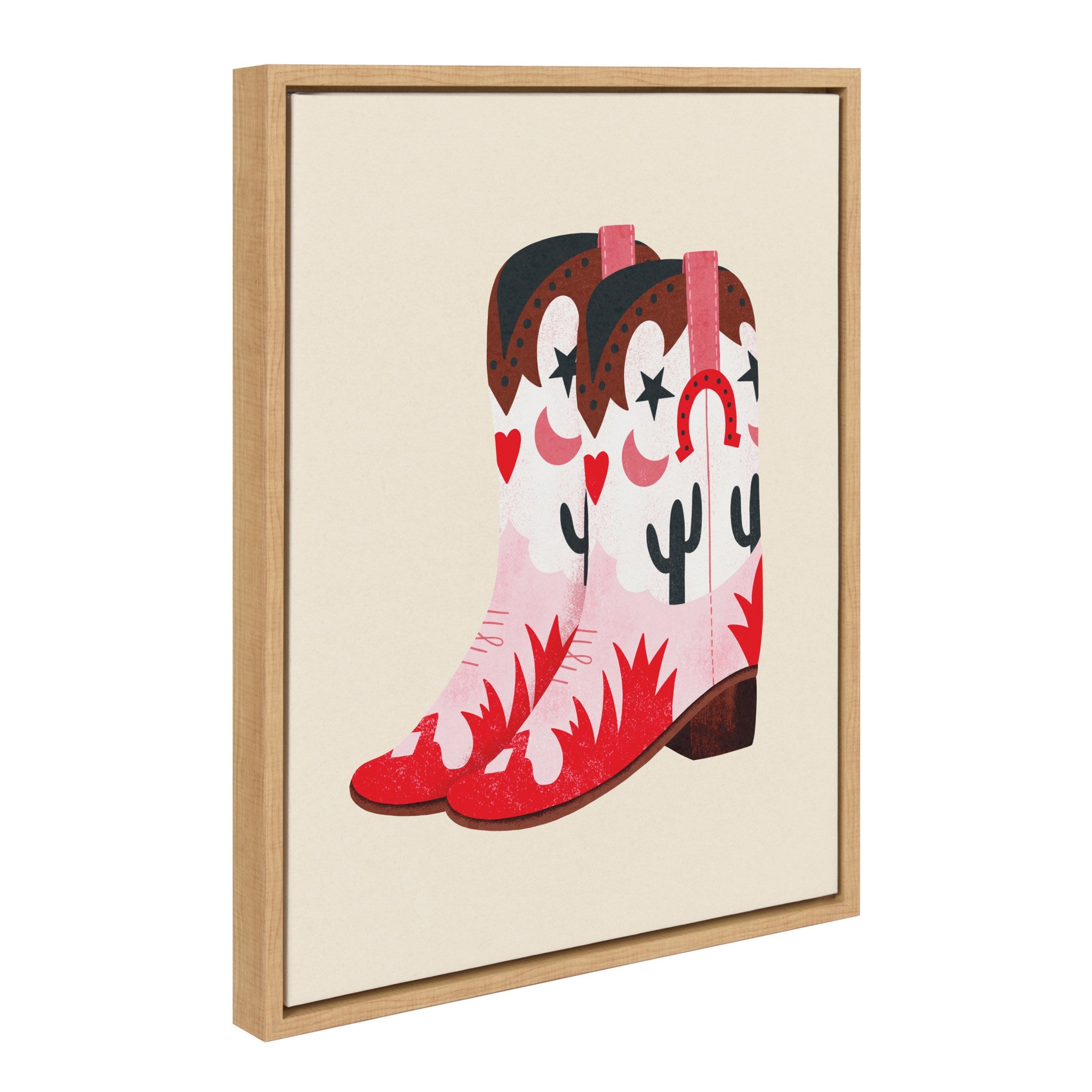 Framed canvas art showing stylish cowgirl boots with vintage beaded design in Natural frame