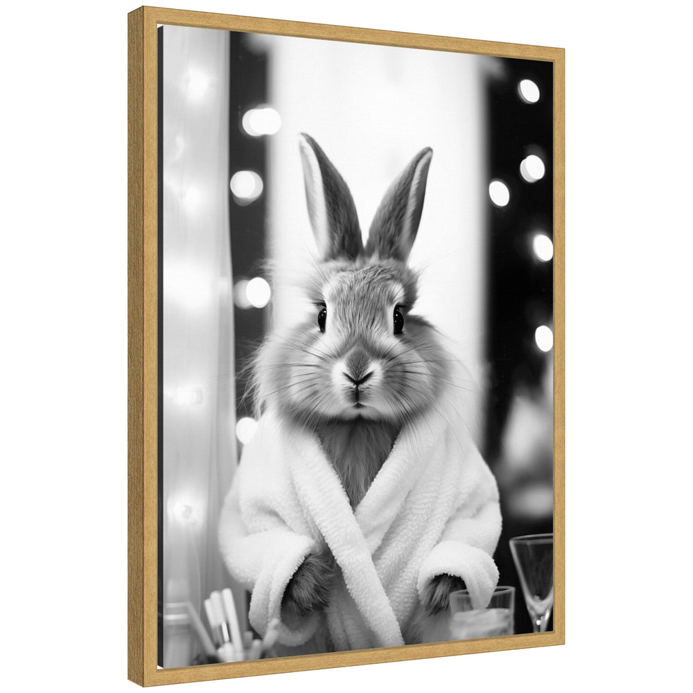 Framed black and white canvas art featuring a stylized bunny in a towel robe by The Creative Bunch Studio