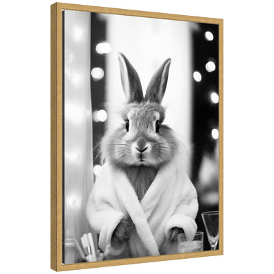 Framed black and white canvas art featuring a stylized bunny in a towel robe by The Creative Bunch Studio