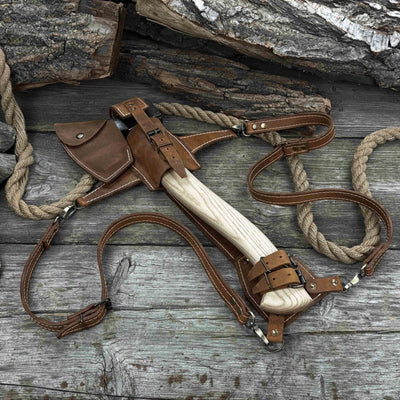 Hand-forged chopping axe with ash wood handle and leather back carry pouch