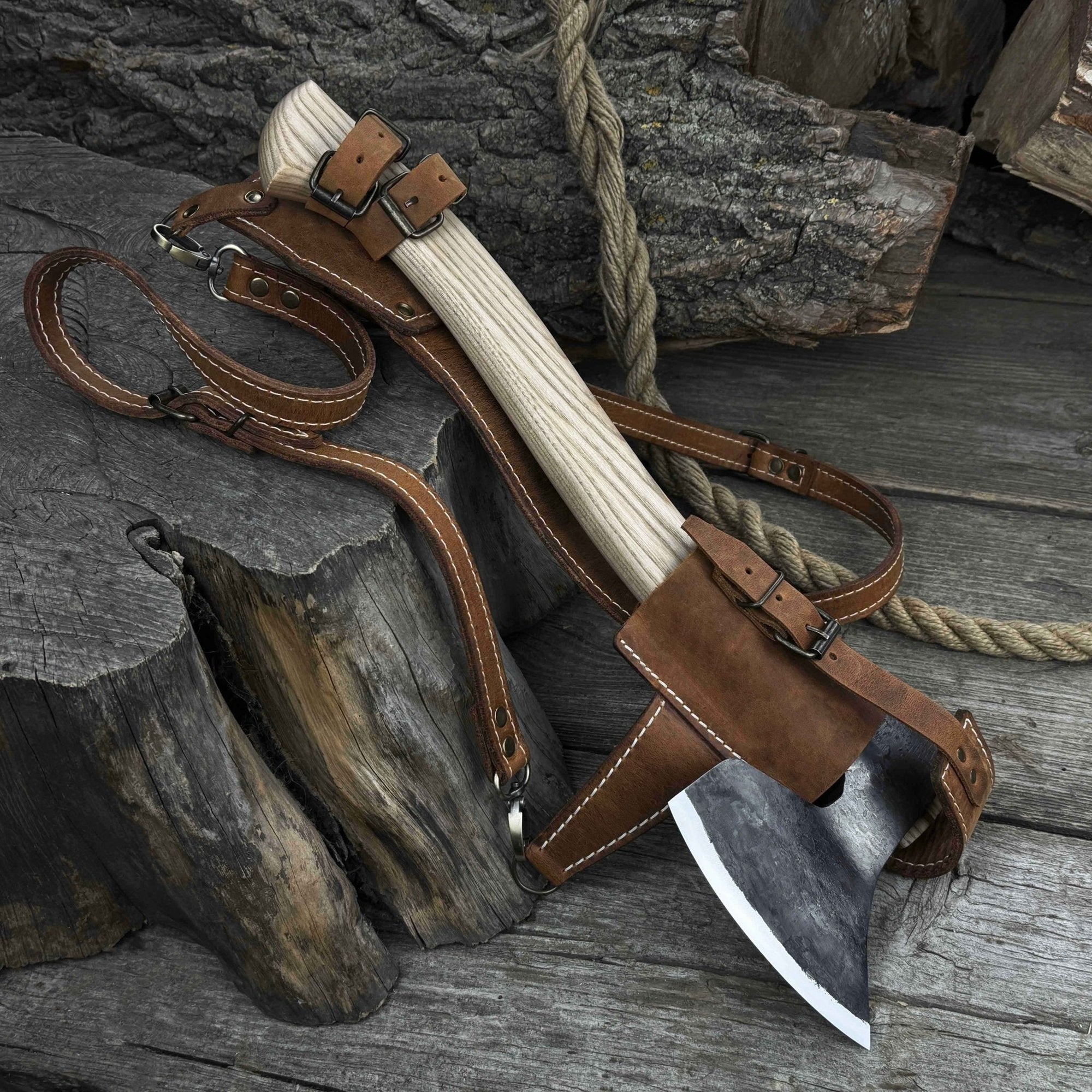 Hand-forged chopping axe with ash wood handle and leather back carry pouch