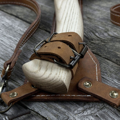 Hand-forged chopping axe with ash wood handle and leather back carry pouch