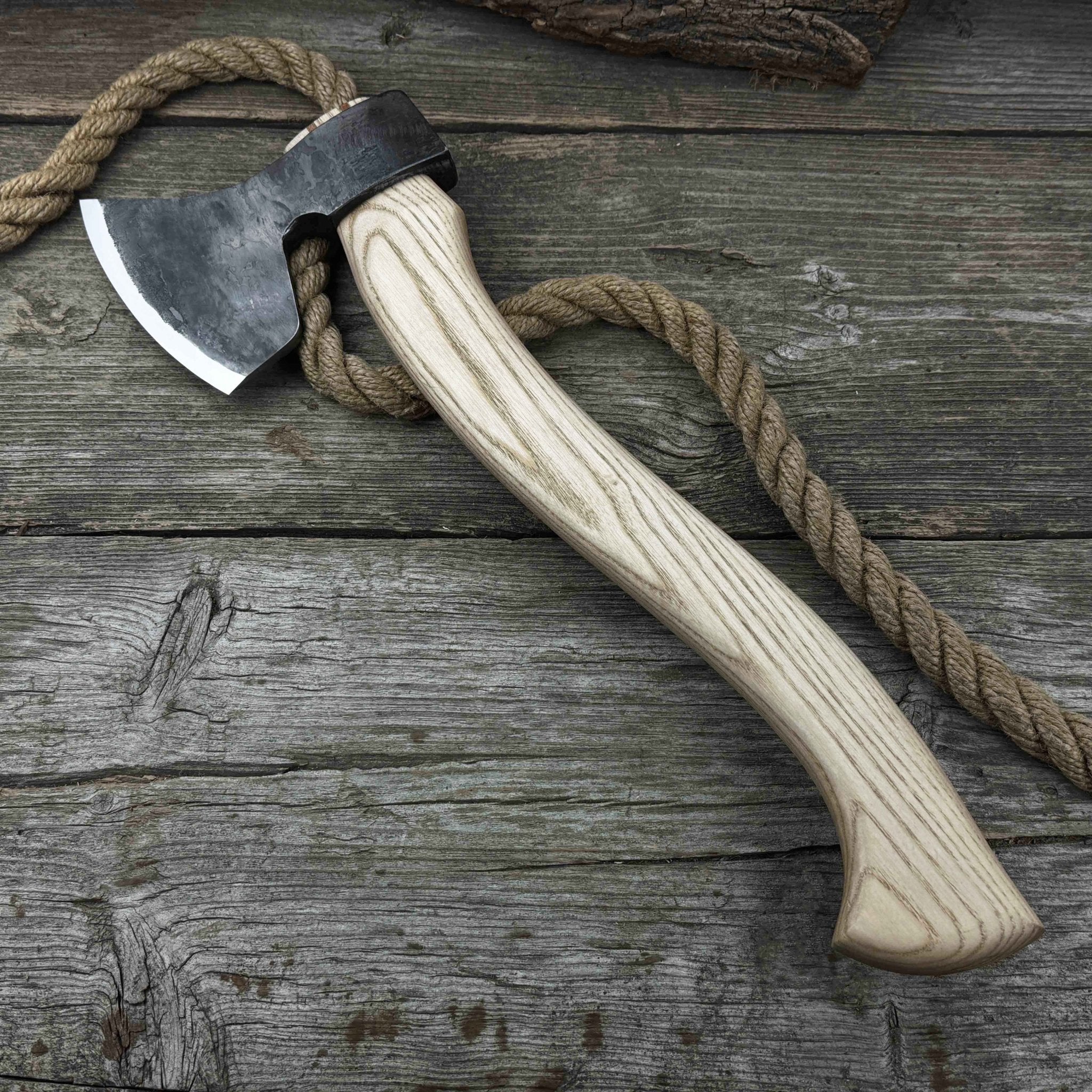 Hand-forged chopping axe with ash wood handle and leather back carry pouch