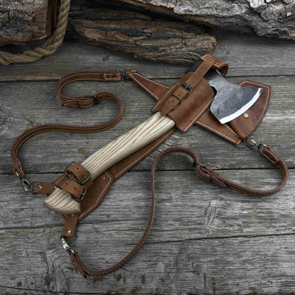 Hand-forged chopping axe with ash wood handle and leather back carry pouch
