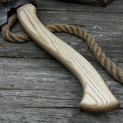 Hand-forged chopping axe with ash wood handle and leather back carry pouch