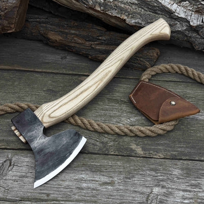 Hand-forged chopping axe with ash wood handle and leather back carry pouch