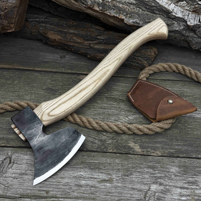 Hand-forged chopping axe with ash wood handle and leather back carry pouch