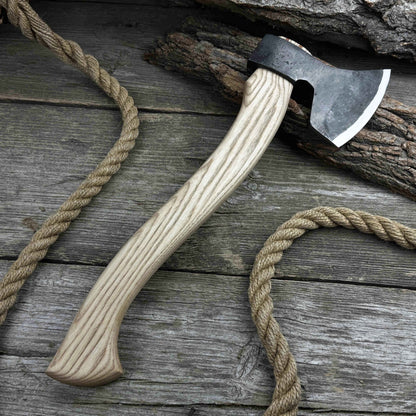 Hand-forged chopping axe with ash wood handle and leather back carry pouch