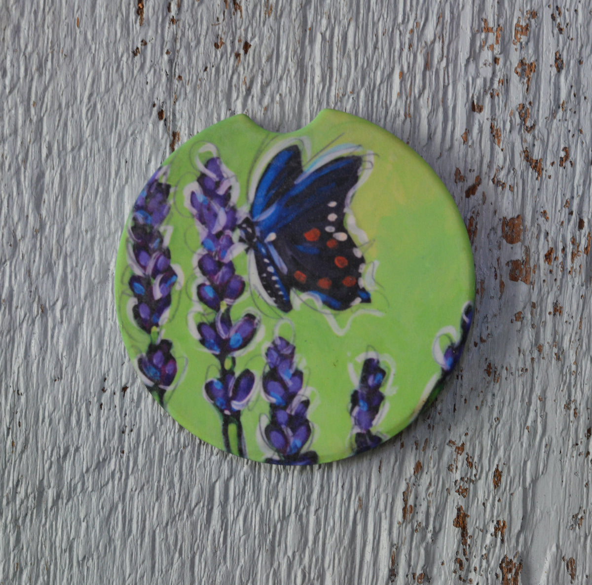Car Coaster: Lavendar and Butterfly. Artist Christi Dreese by Dreese Fine Art - Resin Society