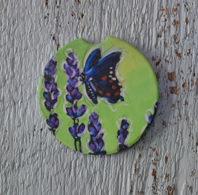 Car Coaster: Lavendar and Butterfly. Artist Christi Dreese by Dreese Fine Art - Resin Society