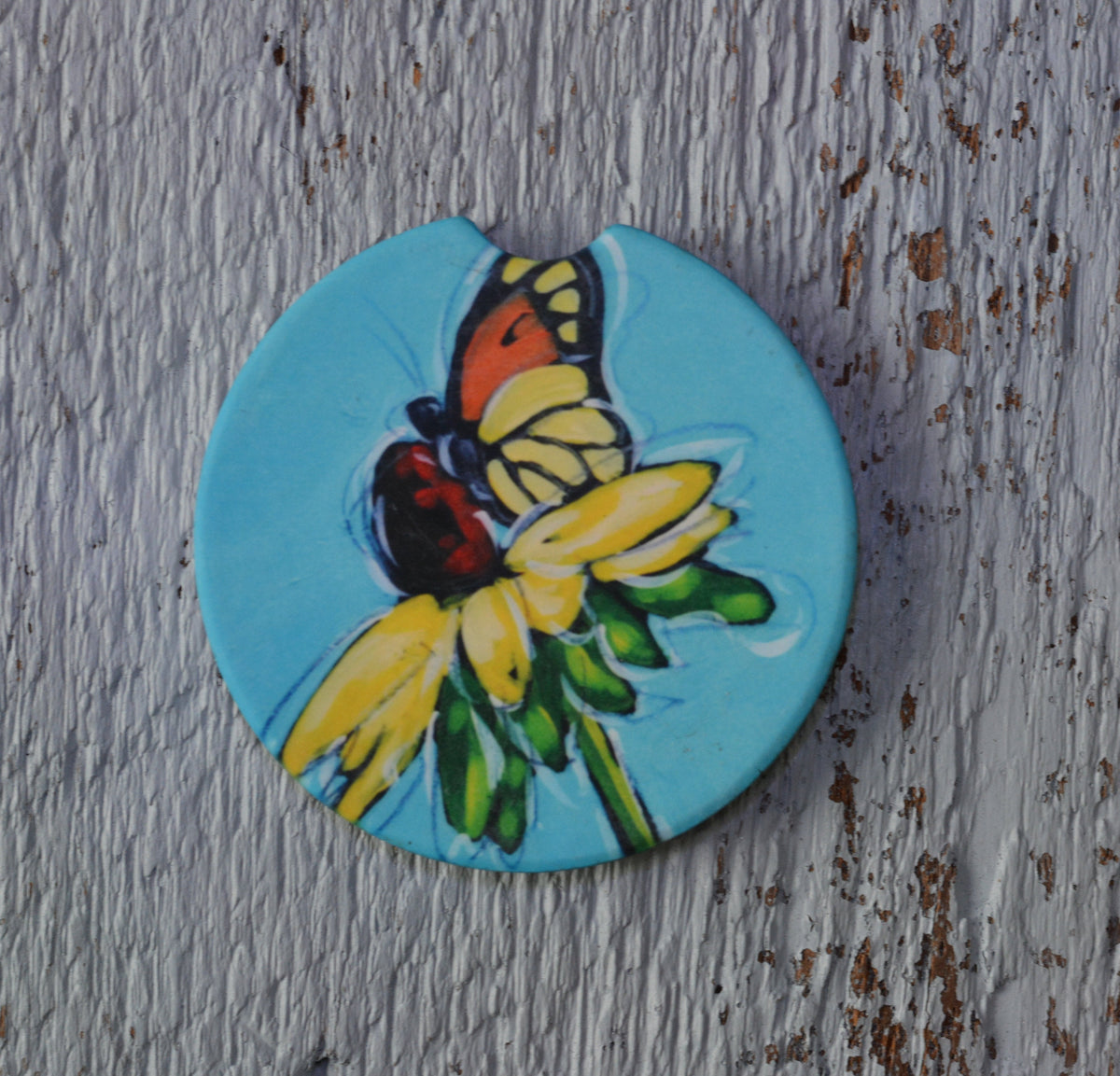 Car Coaster:. Black Eyed Susan and Butterfly. Artist Christi Dreese by Dreese Fine Art - Resin Society