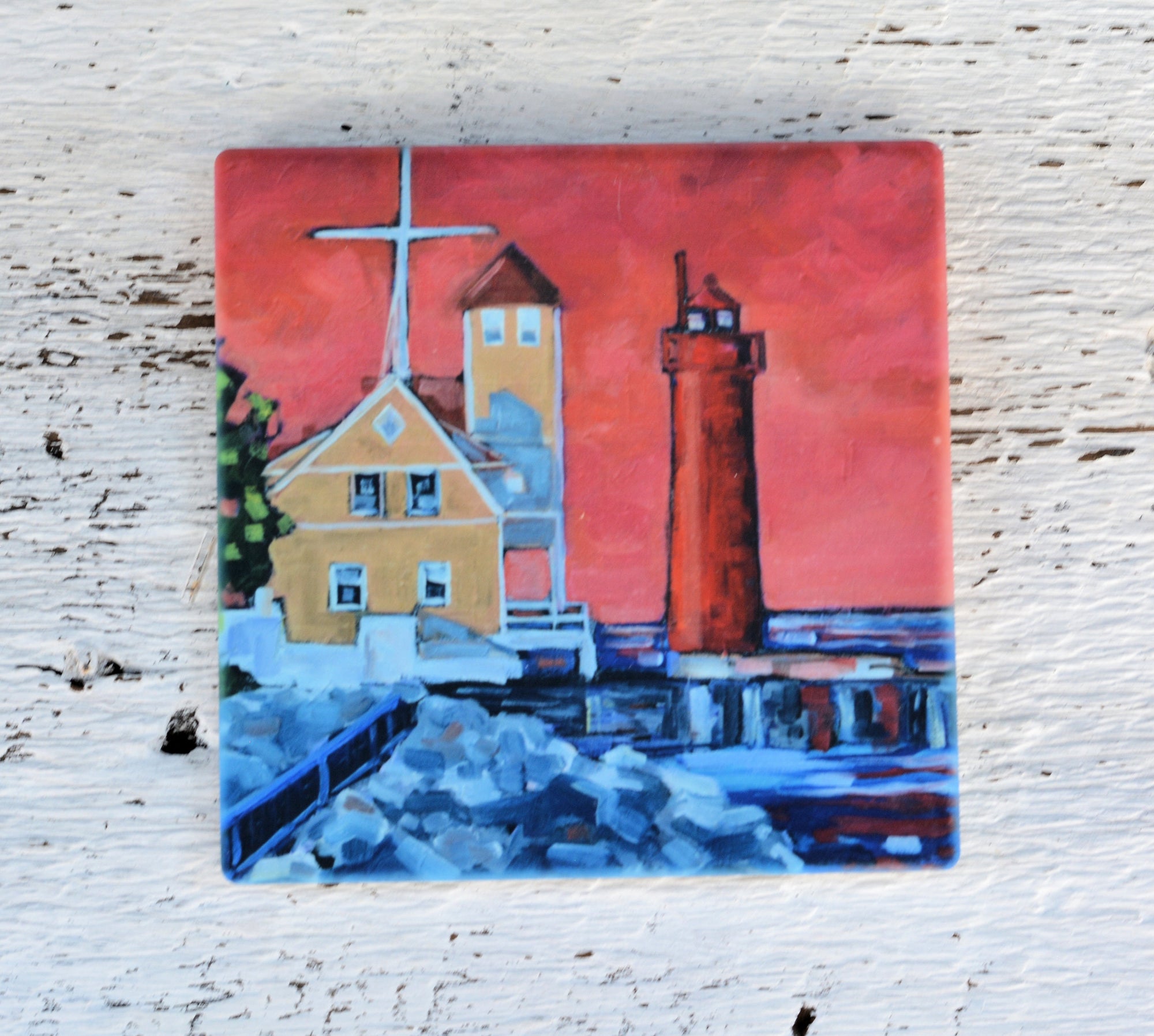 Bright, colorful Muskegon Lighthouse coaster with cork backing