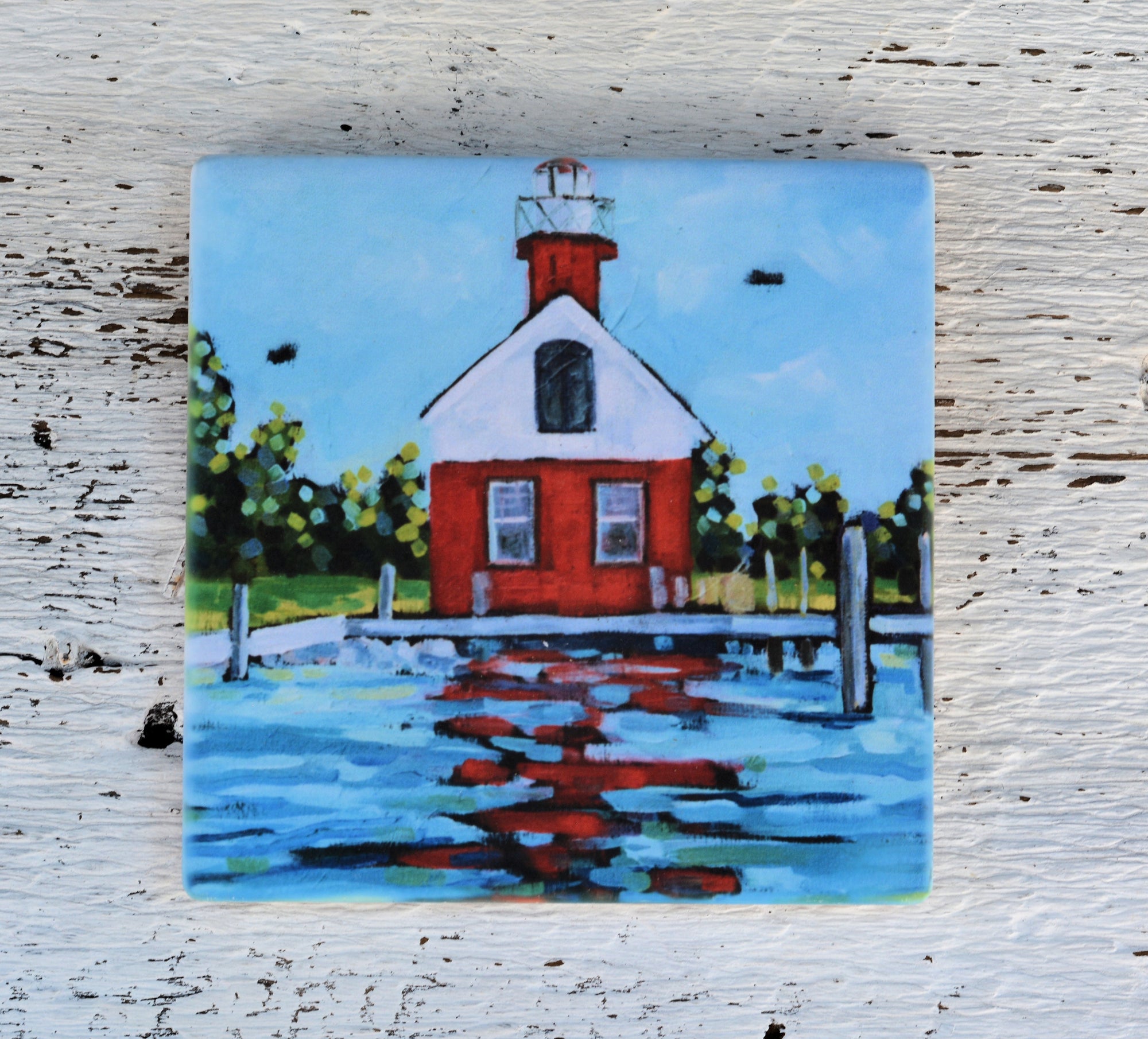 Colorful Saugatuck Lighthouse art coaster, trivet, and magnet by Dreese Fine Art