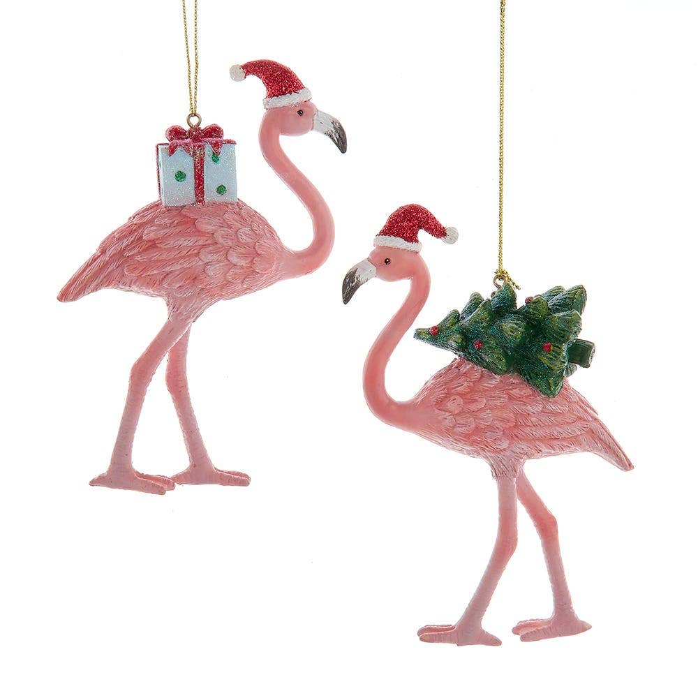Christmas flamingo ornament with gifts and miniature Christmas tree, coastal holiday decor