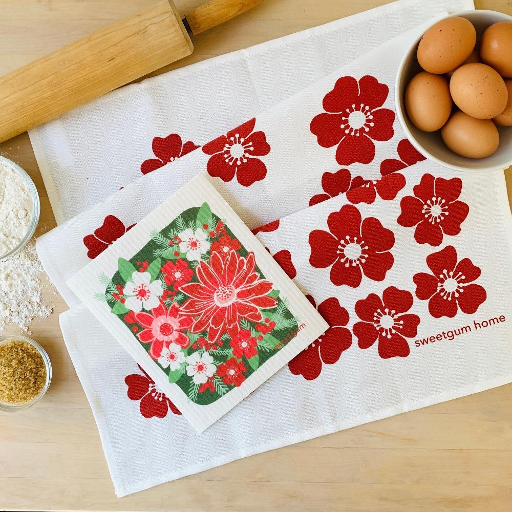 Red Flowers Tea Towel + Poinsettia Swedish Dishcloth Bundle by sweetgum home, LLC - product image
